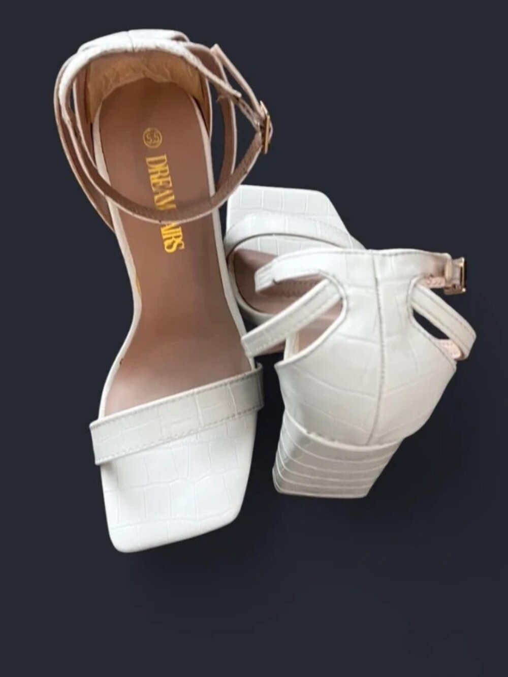 White leather croc print platform heels